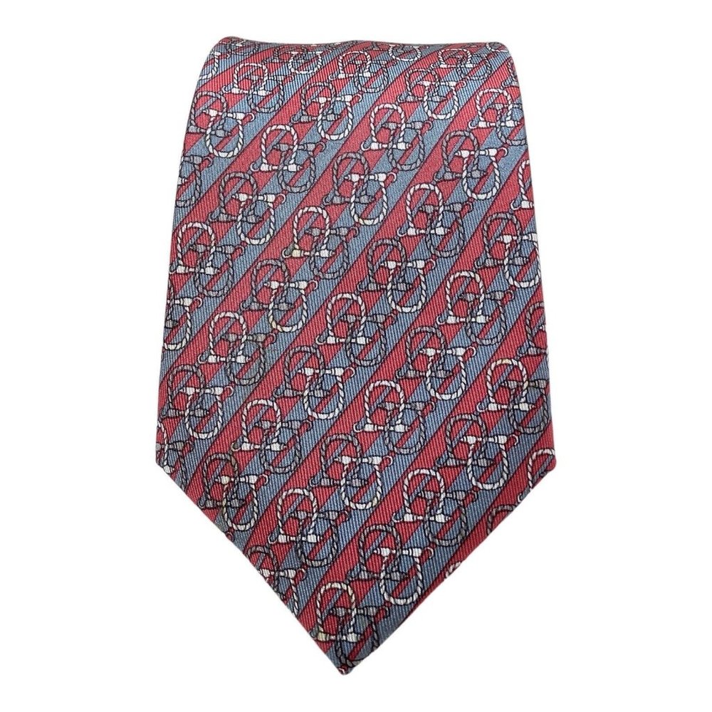 HERMÈS PARIS Gray Red Equestrian Pattern Silk Tie France 55"- 3.25" EX COND